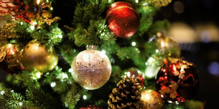 Lights and ornaments on a Christmas tree